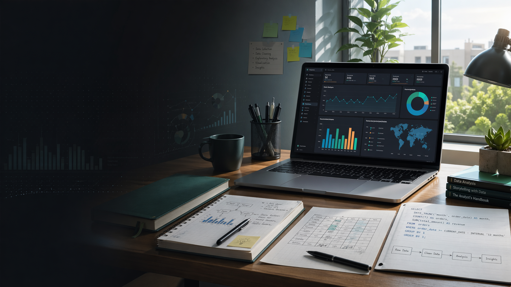 A modern analytics workspace with dashboards, charts, and data analysis tools.